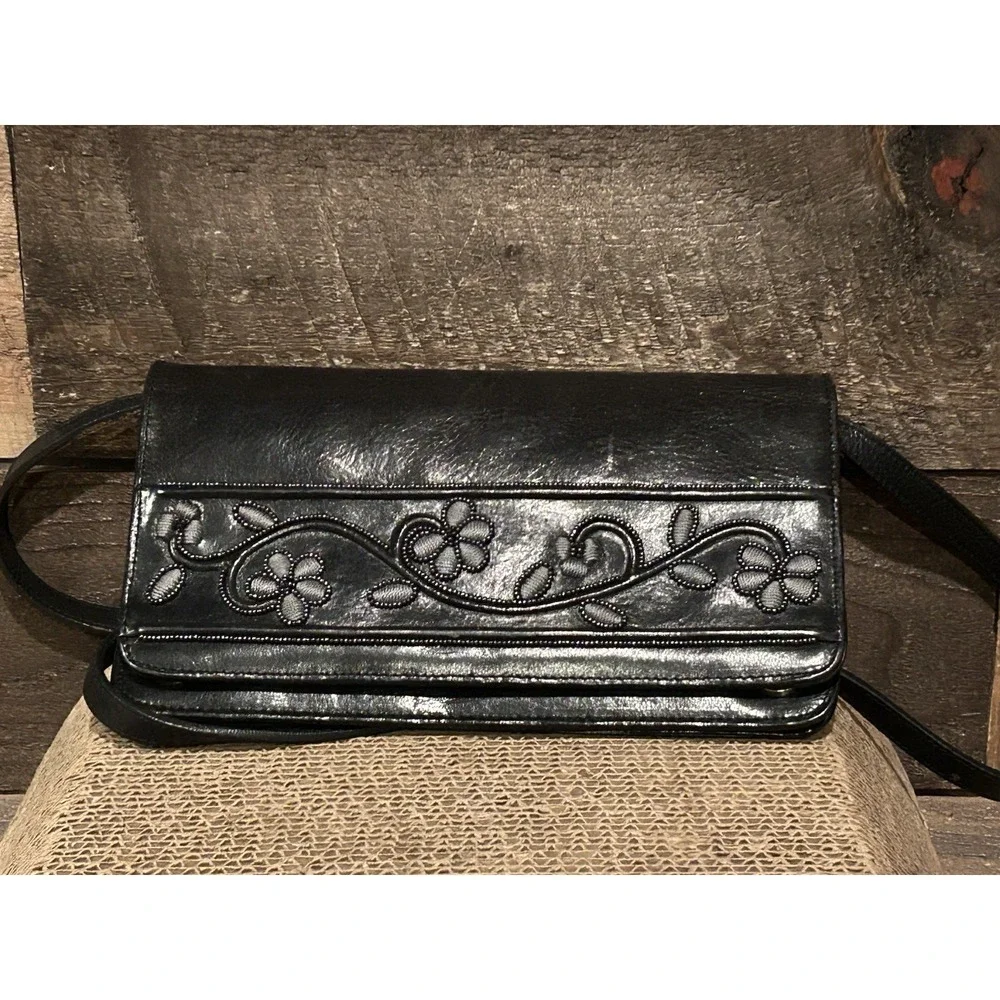 Brighton Black Leather Floral Embroidery Beaded Large Organizer Wallet Crossbody